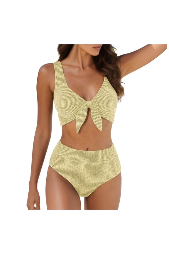 Women High Waisted Bikini Sets, Two Piece Swimsuit Tummy Control, Textured Bathing Suits, Tie Knot Swimwear (Yellow, S)