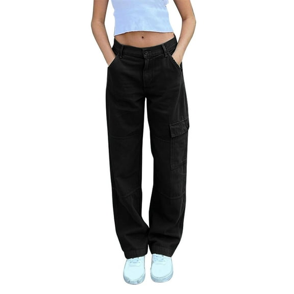 vigerkar Women High Waisted Cargo Pants Wide Leg Casual Jeans 4 Pockets Trousers Black, L