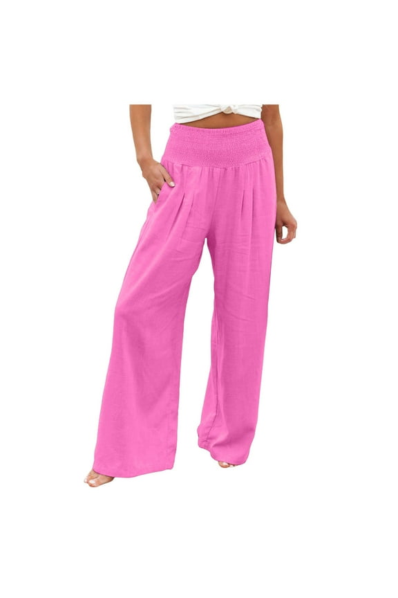 Women High Waisted Tummy Control Lounge Pants Casual Wide Leg Boho Trouser Summer Drawstring Sweatpants with Pocket Hot Pink, XXL