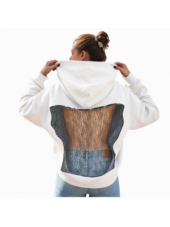 Women Hoodie Sweatshirt Backless Fishnet Hoodie Sequin See Fishnet Mesh Pullover with Pocket Y2K Sexy Party Outfit (Light Gray, XL)