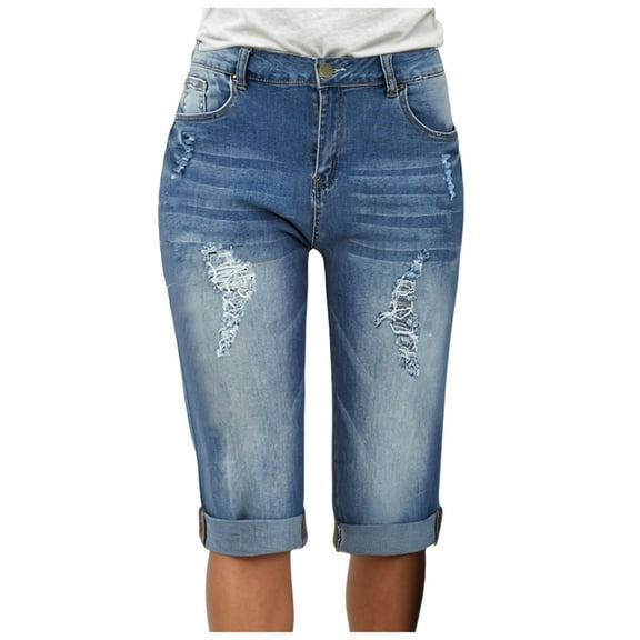 vigerkar Women Jean Capri pants Ripped Casual Summer Mid Waist Stretchy Five Points Denim Jean Shorts Light Blue, L