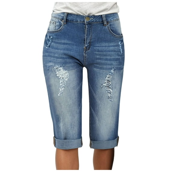 vigerkar Women Jean Capri pants Ripped Casual Summer Mid Waist Stretchy Five Points Denim Jean Shorts Light Blue, XXL