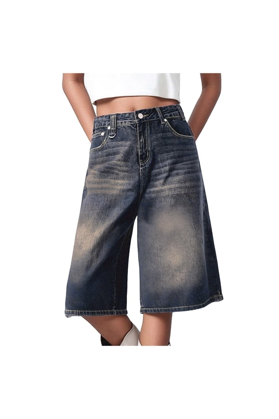 Women Jean Jorts Baggy Loose Fit Jean Shorts Summer Trendy Wide Leg Long Denim Shorts Y2K Clothes (Black, S)
