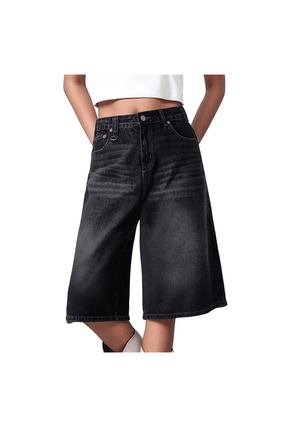 Women Jean Jorts Baggy Loose Fit Jean Shorts Summer Trendy Wide Leg Long Denim Shorts Y2K Clothes (Grey, XXL)
