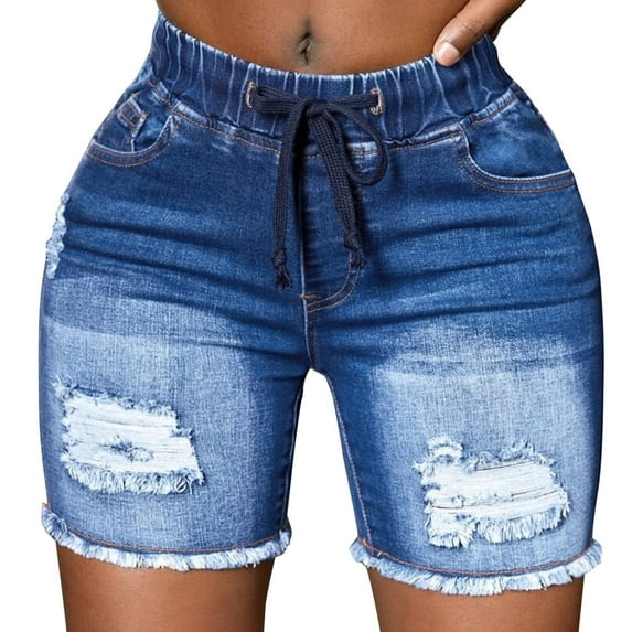 vigerkar Women Jean Shorts Stretchy High Waisted Frayed Raw Hem Denim Shorts Dark Blue, M