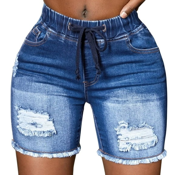 vigerkar Women Jean Shorts Stretchy High Waisted Frayed Raw Hem Denim Shorts Dark Blue, S