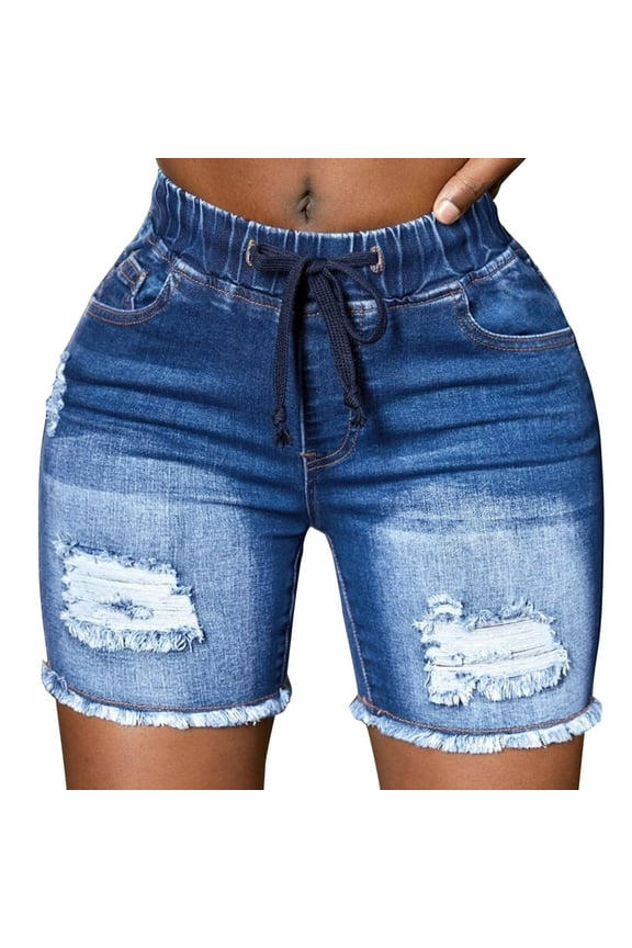 Women Jean Shorts Stretchy High Waisted Frayed Raw Hem Denim Shorts Dark Blue, XL