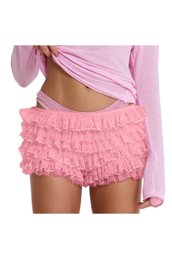 Women Lace Ruffle Bloomer Shorts Low Waist Layered Mini Shorts Frilly Ruched Mesh Pettipants Pajama Bottom (Pink, XL)
