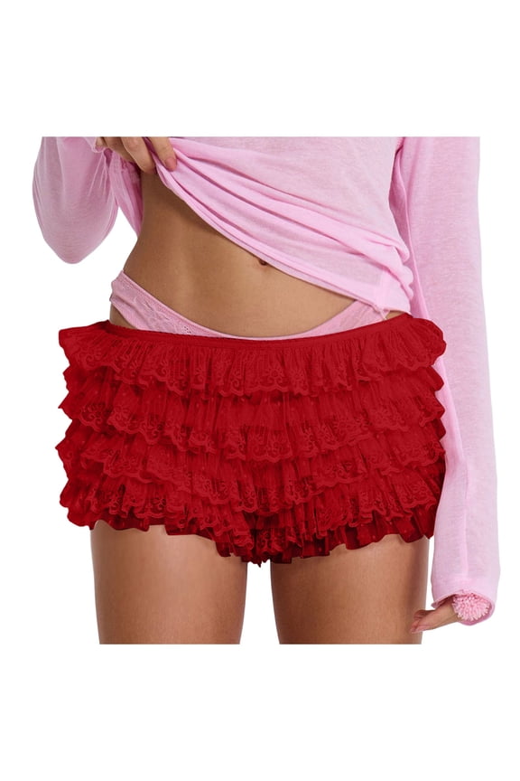 Women Lace Ruffle Bloomer Shorts Low Waist Layered Mini Shorts Frilly Ruched Mesh Pettipants Pajama Bottom (Red, M)