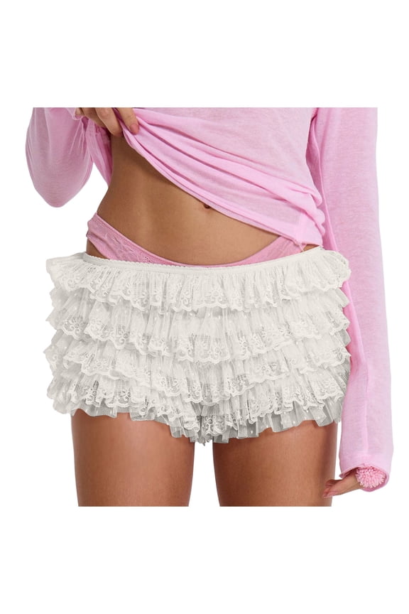 Women Lace Ruffle Bloomer Shorts Low Waist Layered Mini Shorts Frilly Ruched Mesh Pettipants Pajama Bottom (White, S)