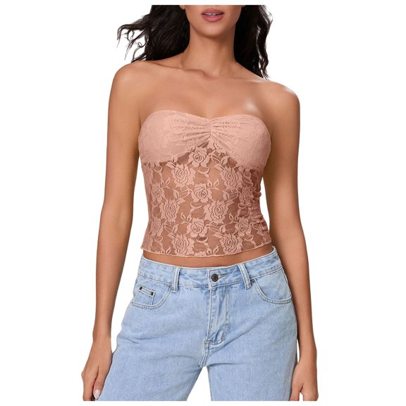 vigerkar Women Lace Sheer Tube Top Summer Strapless Y2k Bandeau Going Out Cropped Sleeveless Tshirts Basic Vest 2025 Beige, L