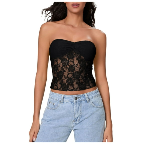 vigerkar Women Lace Sheer Tube Top Summer Strapless Y2k Bandeau Going Out Cropped Sleeveless Tshirts Basic Vest 2025 Black, M