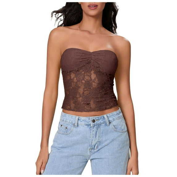 vigerkar Women Lace Sheer Tube Top Summer Strapless Y2k Bandeau Going Out Cropped Sleeveless Tshirts Basic Vest 2025 Coffee, XL