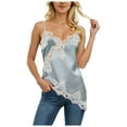 thumbnail image 1 of vigerkar Women Lace Trim Satin Tank Top V Neck Silk Camisole Tops Asymmetrical Backless Spaghetti Strap Tank Cami Shirts (Light Blue, L), 1 of 5
