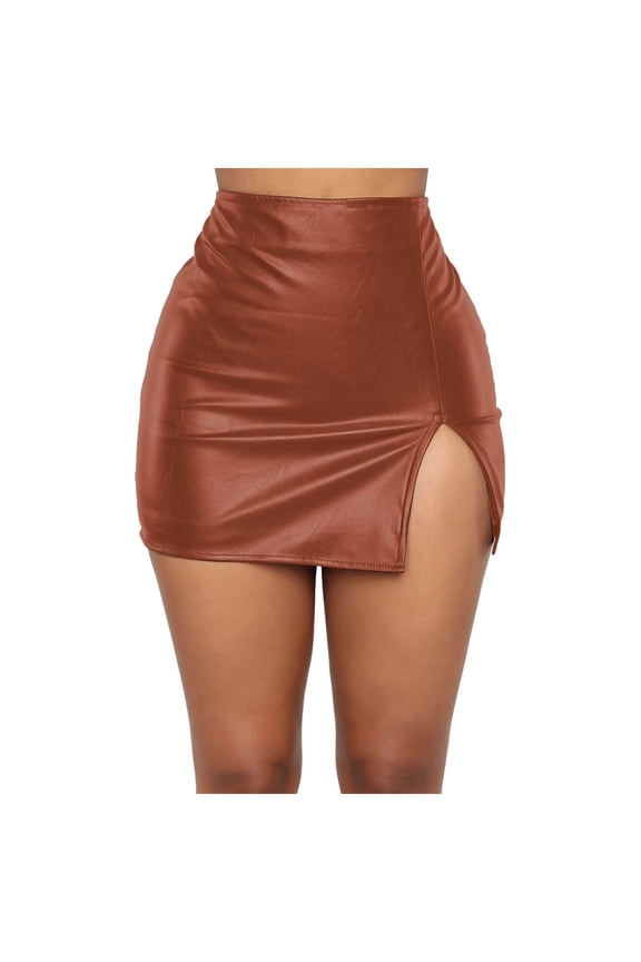 Women Leather Skirt Side Split Bodycon Mini Skirt High Waist Skirt for Club Party Casual (Brown, XXL)