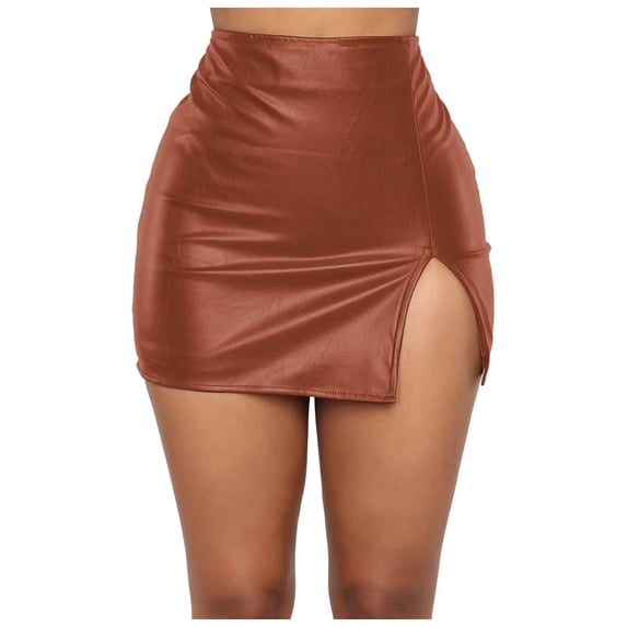 vigerkar Women Leather Skirt Side Split Bodycon Mini Skirt High Waist Skirt for Club Party Casual (Brown, XXL)