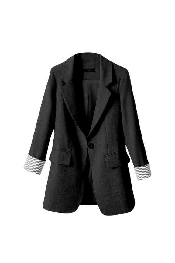 Women Linen Blazer 3/4 Sleeve Lightweight Casual Office Work Blazer Jackets for Women Black, L