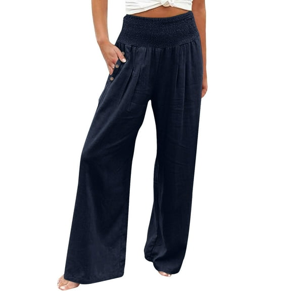 vigerkar Women Linen Palazzo Pants Summer Boho Wide Leg High Waist Casual Lounge Pant 2025 Beach Outfits Navy, S