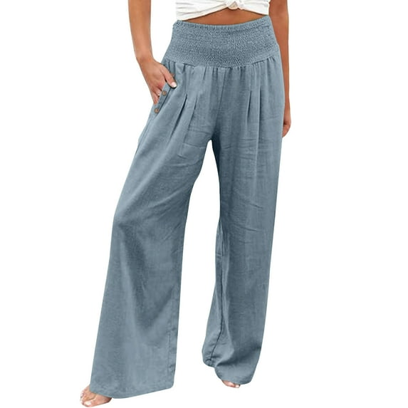 vigerkar Women Linen Palazzo Pants Summer Boho Wide Leg High Waist Casual Lounge Pant 2025 Beach Travel Vacation Outfits Light Blue, S