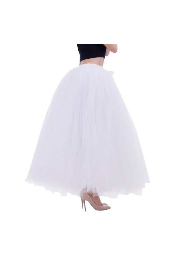 Women Long Maxi Tutu Tulle Skirt Ballet Prom Party Layered Mesh A-Line Skirt White, One Size