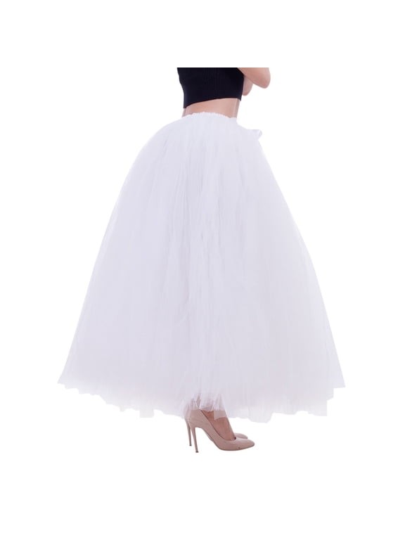 Women Long Maxi Tutu Tulle Skirt Ballet Prom Party Layered Mesh A-Line Skirt White, One Size