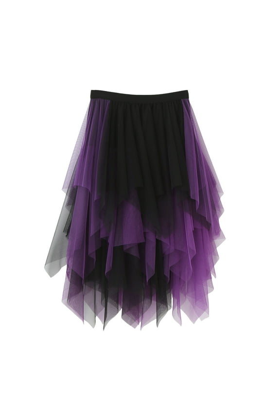 Women Mesh Midi Skirt Multilayer Pleated High Waist Lace Ballet Prom Party Tulle Tutu A-line Long Skirts Purple, One Size
