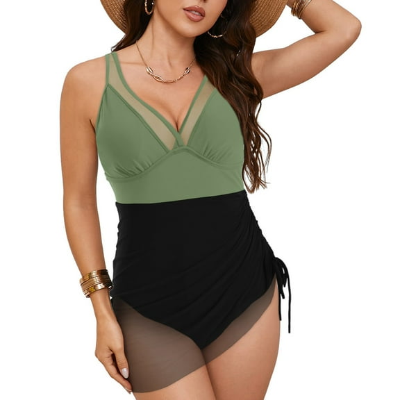 vigerkar Women One Piece Swim Dress Tummy Control Swimsuits Mesh Sheer Sarong Wraps Bathing Suit Light Green, S