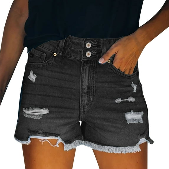 vigerkar Women Mid Rise Ripped Stretchy Jeans Shorts Frayed Raw Hem Casual Denim Shorts Black, XL