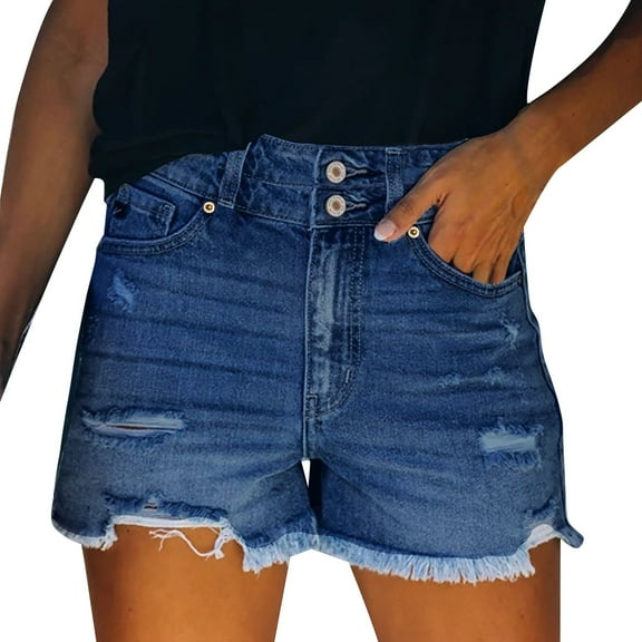 vigerkar Women Mid Rise Ripped Stretchy Jeans Shorts Frayed Raw Hem Casual Denim Shorts Blue, XL