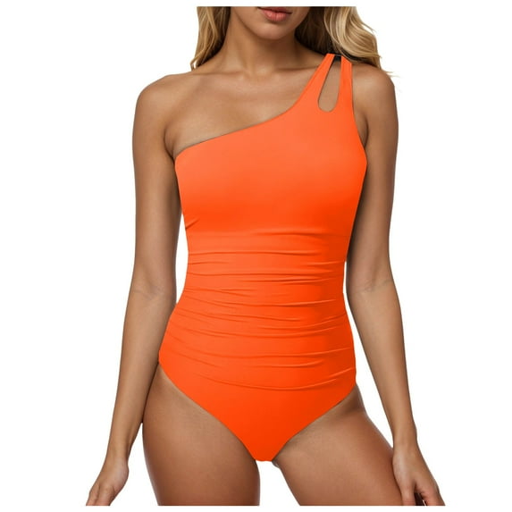 vigerkar Women One Shoulder One Piece Swimsuit Tummy Control Bathing Suits Modest Full Coverage Cutout Swimwear Orange, XXL