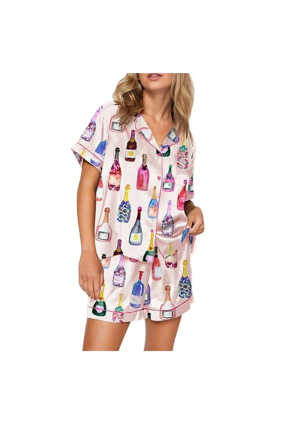 Women Pajama Bow Heart Print Long Sleeve Pjs Cute Lounge Outfit Graphic Satin 2 Piece Shorts Set Pink, L