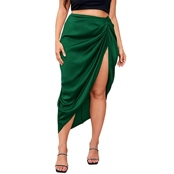 vigerkar Women Plus Asymmetrical Side Split High Waist Mini Skirt Satin Skirt Green, XL