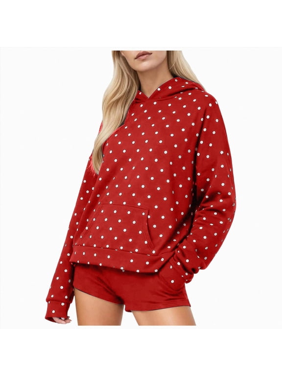 Women Polka Dot Hoodie Oversized Fleece Hooded Sweatshirt Long Sleeve Drop Shoulder Graphic Print Hoodies with Pocket (Red, M)