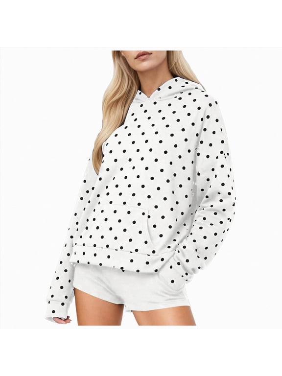 Women Polka Dot Hoodie Oversized Hooded Sweatshirt Long Sleeve Drop Shoulder Graphic Print Hoodies with Pocket (White, L)