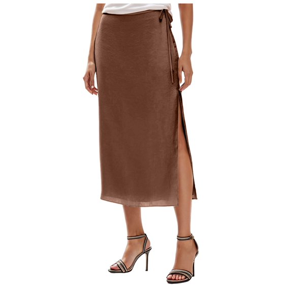 vigerkar Women Satin High Waist Elastic Stitching Long Skirt Slim Fit Hip Skirt Skirts for Girls Brown, M