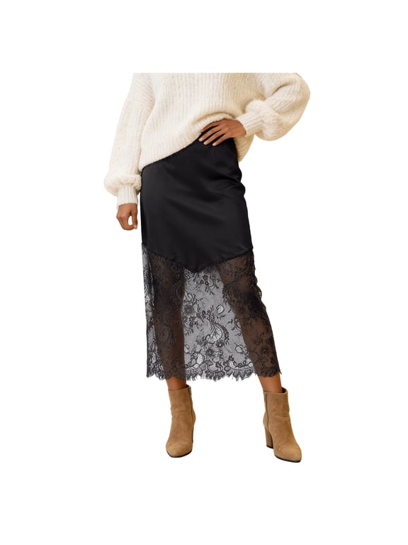 Women Satin Lace Long Skirt Lace Patchwork Maxi Skirt Half Slip Silk High Waist A Line Underskirt (Black, M)