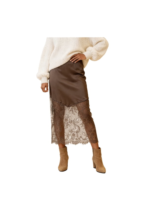 Women Satin Lace Long Skirt Lace Patchwork Maxi Skirt Half Slip Silk High Waist A Line Underskirt (Coffee, XXL)