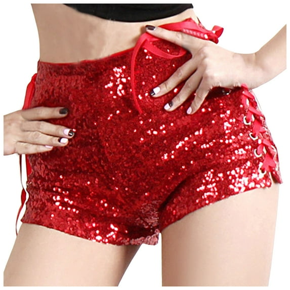 vigerkar Women Sequin High Waist Shorts Sexy Solid Color Glitter Slim Fit Shiny Sparkle Bottoms Y2k Party Clubwear (Red, XL)