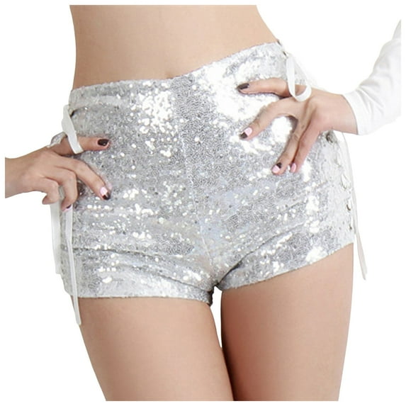 vigerkar Women Sequin High Waist Shorts Sexy Solid Color Glitter Slim Fit Shiny Sparkle Bottoms Y2k Party Clubwear (Silver, XL)