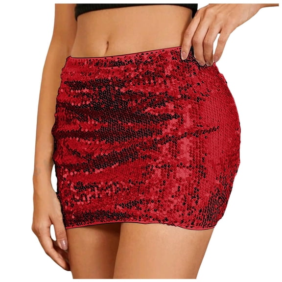 vigerkar Women Sequin Mini Skirt Sexy Sparkle Waist Elastic Stretch Night Out Party Club Short Skirts (Red, XL)