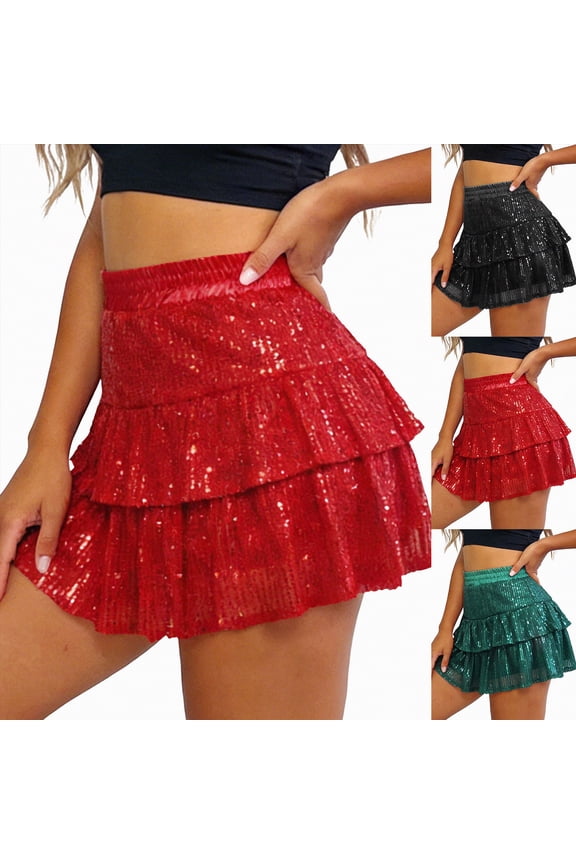 Women Sequin Skirt Sparkly Cute High Waist Ruffle Flowy Shiny Glitter Mini Short Skirts Night Out Club Party (Red, L)