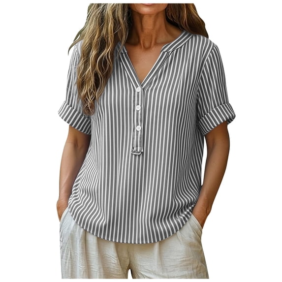 vigerkar Women Short Sleeve Striped Blouses Top V Neck Loose Casual Summer Work Blouses Striped Shirt (Grey, S)