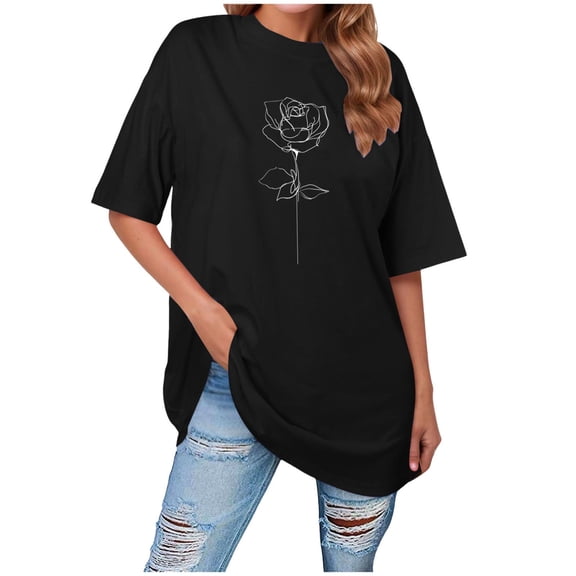 vigerkar Women Solid Oversized Graphic T-Shirt Casual Cotton Tees Printed Summer Tops (Black, L)