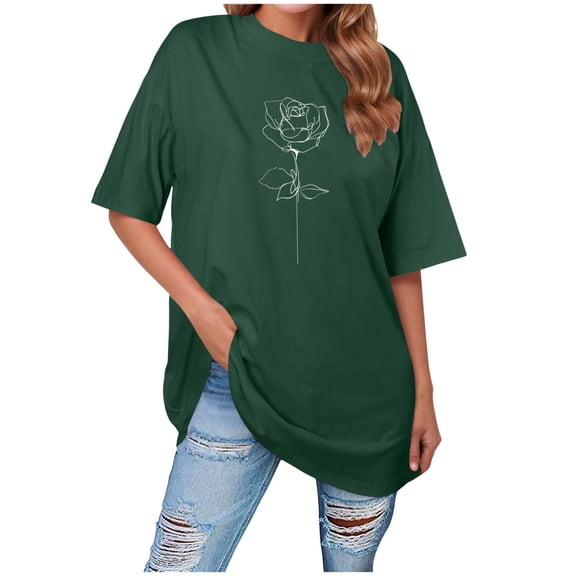 vigerkar Women Solid Oversized Graphic T-Shirt Casual Cotton Tees Printed Summer Tops (Dark Green, M)