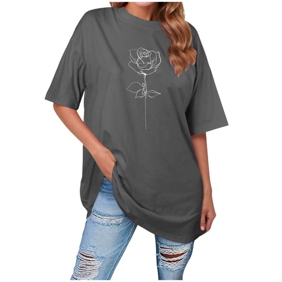 vigerkar Women Solid Oversized Graphic T-Shirt Casual Cotton Tees Printed Summer Tops (Grey, S)