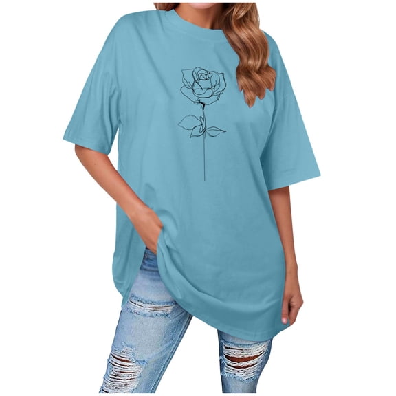 vigerkar Women Solid Oversized Graphic T-Shirt Casual Cotton Tees Printed Summer Tops (Sky Blue, XL)