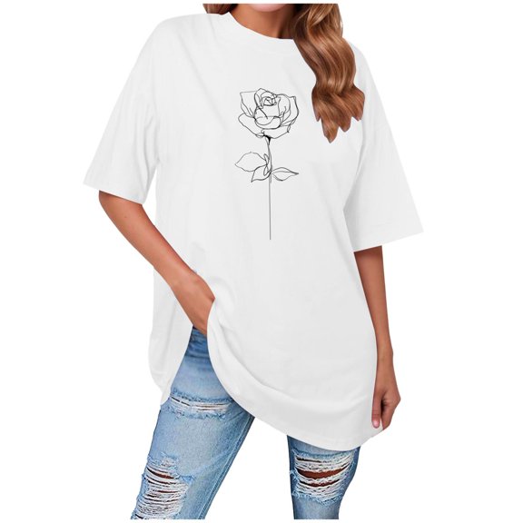 vigerkar Women Solid Oversized Graphic T-Shirt Casual Cotton Tees Printed Summer Tops (White, XL)