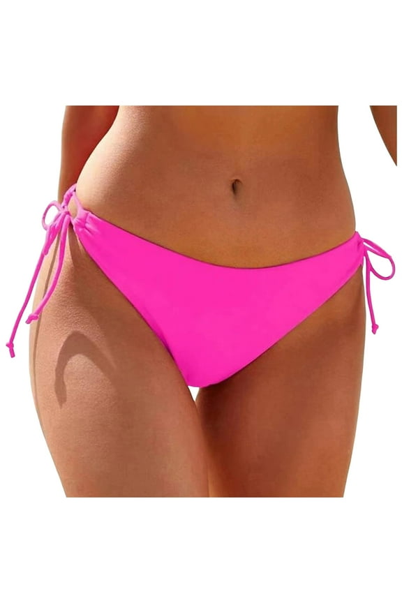 Women String Tie Side Summer Bikini Bottoms Full Coverage Swimsuit Bottom Low Waist Bathing Suit Hot Pink, M