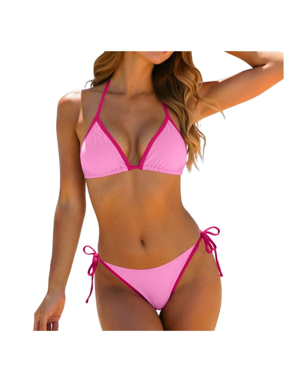 Women String Triangle Bikini Set Swimsuit Two Piece Bathing Suit Cheeky Swim Suit Swimwear (Pink, S)