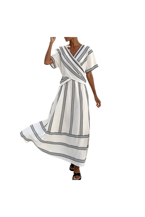 Women Striped Short Sleeve V Neck Maxi Dress Retro Patchwork A-Line Casual Wrap Waist Dresses Beach Going Out Outfits (Black, XXL)
